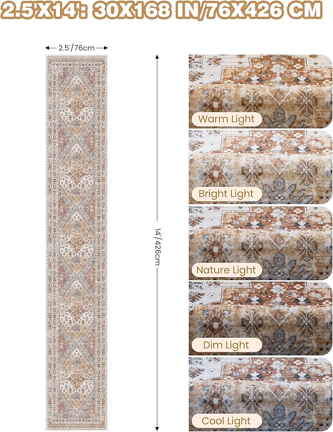 Washable Runner Rug 2.5x14, Non-Slip Long Kitchen Mats for Floor, Vintage Rug for Entryway, Soft Hallway Runner for Dining Room, Bedroom, Living Room(Orange,2.5'x14')