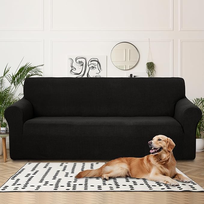 U-NICE HOME 4 Seater Stretch Couch Cover Sofa Cover Washable Sofa Slipcover Furniture Protector for 3 Cushion Couch Sofa Pet Friendly, Black