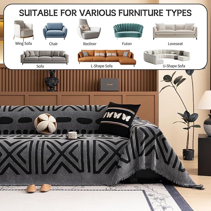 HANDONTIME Boho Couch Cover Blanket Geometric Striped Pet Covers for Couches and Sofas Dark Grey and Black Dog Cover for Couch Pet Friendly Chenille Sectional Sofa Covers for Pets Washable, 71" X118"