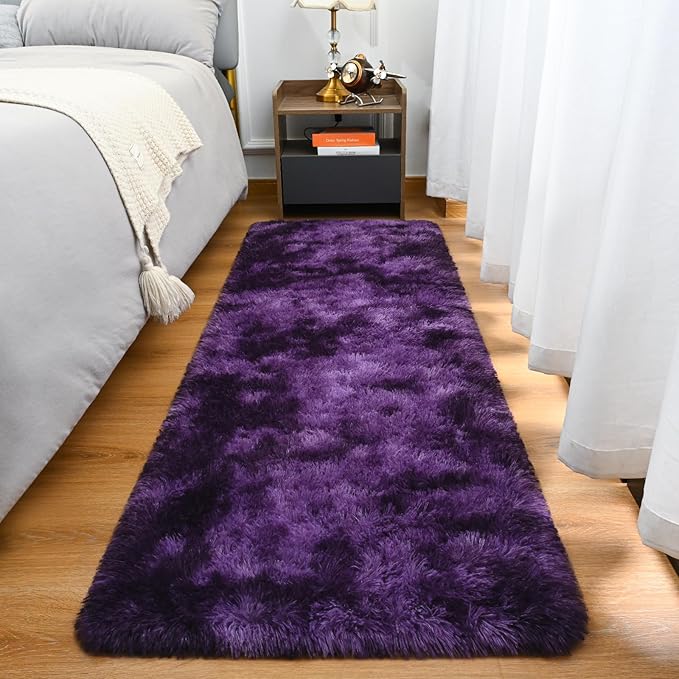 Goideal Fluffy Runner Rug for Bedroom Living Room, 2x6 Purple Bedside Rugs, Faux Fur Shag Modern Carpet Ultra Soft Girls Boys Room Home Decor, Tie-Dyed