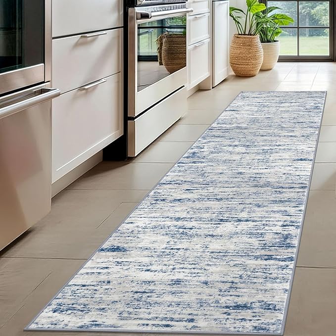 Lansny Modern Abstract Hallway Runner Rug, Blue White Washable Kitchen Runner Non-Slip Soft 2x8 Runner Rug Thin Print Faux Wool Carpet for Entryway Bedroom Laundry Room Indoor Home Decor