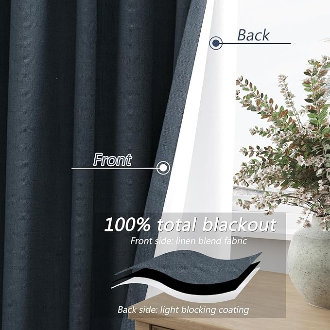 Guken Vintage Blue 100% Blackout Linen Curtains 72 Inch Length 2 Panels Set for Living Room Bedroom Back Tab/Rod Pocket Thermal Insulated Black Out Drapes Room Darkening Window Curtains