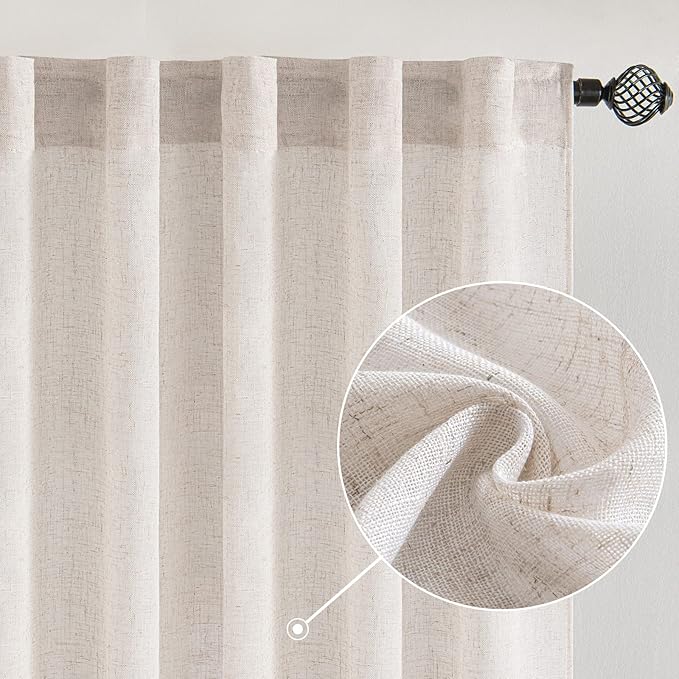 MIULEE White Linen Curtains 108 Inches Long for Bedroom Living Room, Soft Thick Linen Textured Window Drapes Semi Sheer Light Filtering Rod Pocket Back Tab Burlap Look Farmhouse Decor, 2 Panels