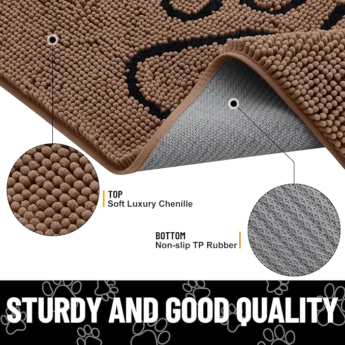 Smiry Dog Door Mat for Muddy Paws, Absorbent Dirt Trapper Non Slip Quick Dry Washable Chenille Mat for Mud Dogs, Entry Rug for Indoor and Outdoor (40x32 Inches, Coffee and Black)