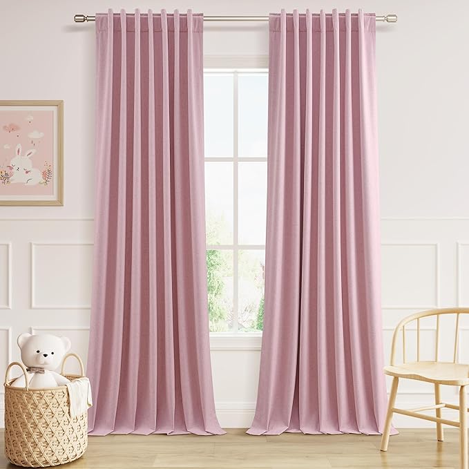 Guken 100% Blackout Curtains 108 Inch Length 2 Panels Set for Living Room Bedroom Back Tab Thermal Insulated Black Out Linen Drapes Room Darkening Rose,52x108