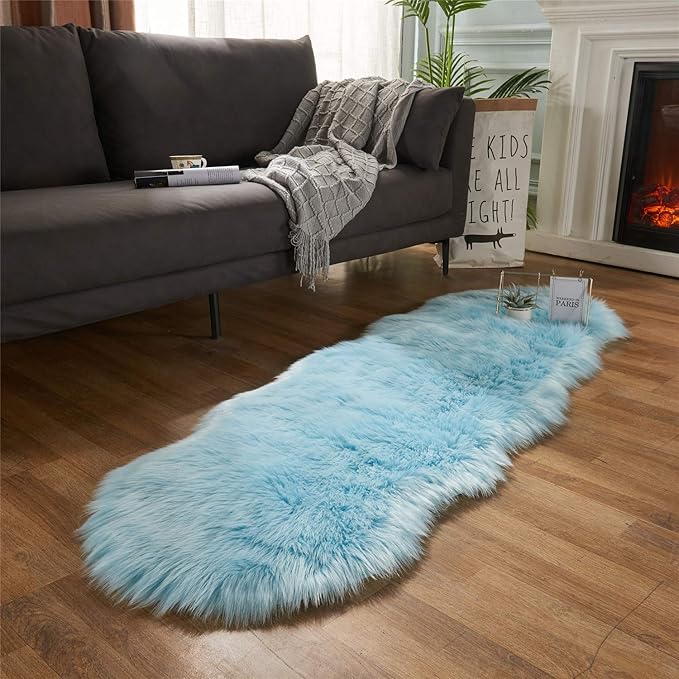 EasyJoy Ultra Soft Fluffy Shaggy Area Rug Faux Fur Rug Chair Cover Seat Pad Fuzzy Area Rug for Bedroom Floor Sofa Living Room (2 x 6 ft Sheepskin, Sky Blue)