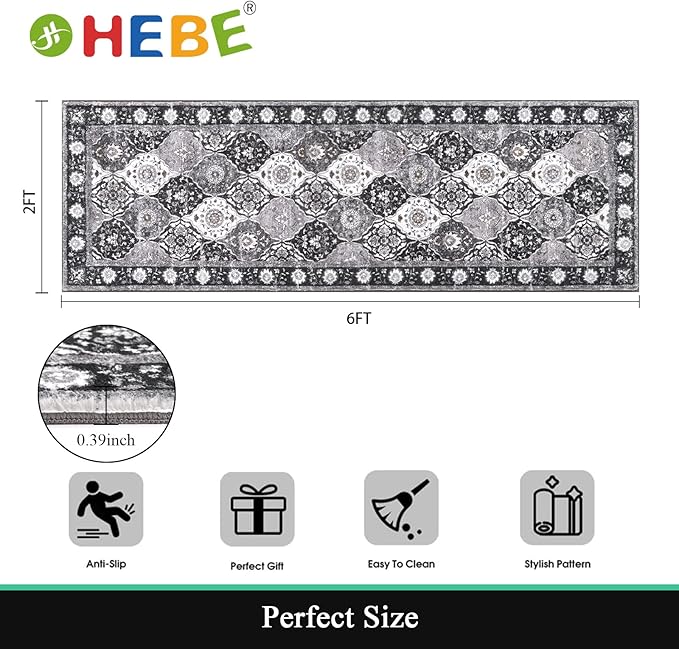 HEBE Hallway Runner Rug 2'x6' Washable Vintage Distressed Area Rugs Non Slip Laundry Rug Runner Boho Floor Carpet Runners for Hallways Entryway Laundry Room Kitchen Bathroom