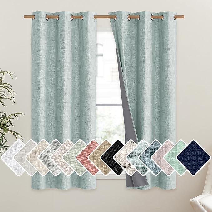NICETOWN 100% Absolutely Blackout Linen Curtains with Thermal Insulated Liner, Seafoam Green, 42" Wide, 54" Length Energy Saving Curtains for Dining Room 2 Panels Set, Vertical Blinds