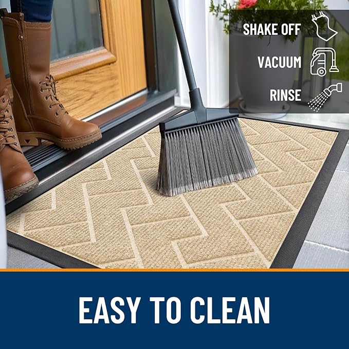 OLANLY Front Door Mat Indoor Outdoor Entrance, Waterproof All-Season, All-Weather Doormat, Sturdy Natural Rubber, Low Profile, Easy Clean Patio Porch Entryway Mat, Herringbone Brick (Beige, 47x23)
