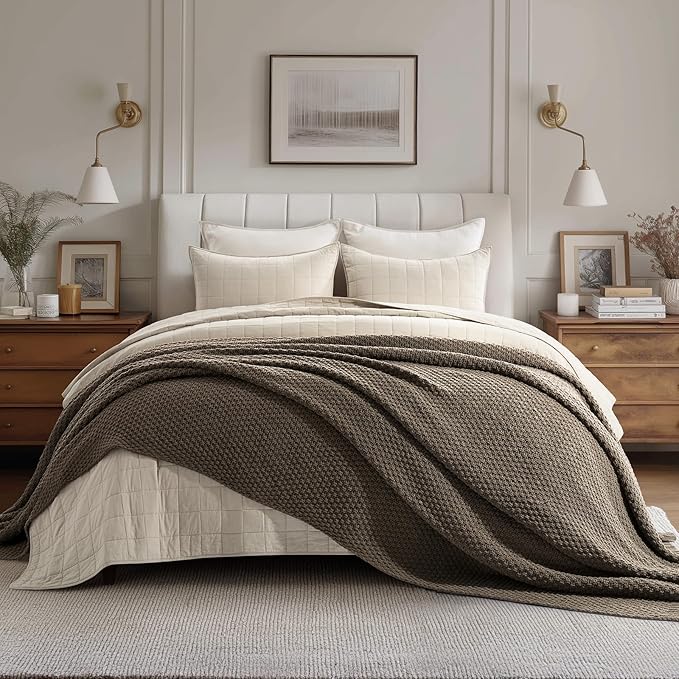 EVERGRACEHOME Chunky Chenille Knit Throw Blanket for Couch, Soft Luxurious Oversized Queen Moss Stitch Blanket for Bed, Cozy Farmhouse Knitted Throw for Sofa, Mocha Brown, 90" x 90"
