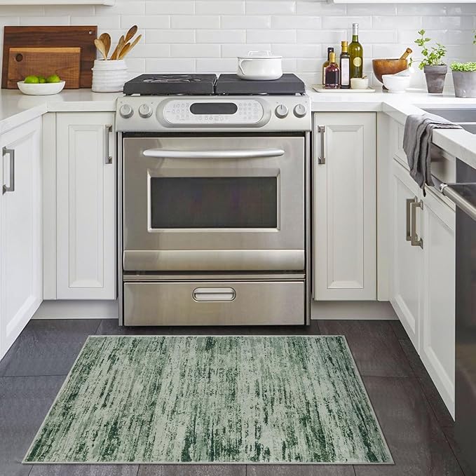 Lansny Modern Abstract Entryway Rug Indoor 2x3 Washable Rug Non-Slip Soft Small Area Rug Forest Green Kitchen Mats Thin Print Faux Wool Floor Carpet Throw Rugs for Entrance Bedroom