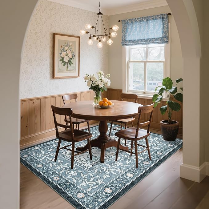 GarveeHome Provence 8x10 Area Rugs for Living Room, Botanical Grove Retro Blue Cottagecore Washable Rug for Bedroom Dining Nursery Low-Pile Vintage Large Carpet