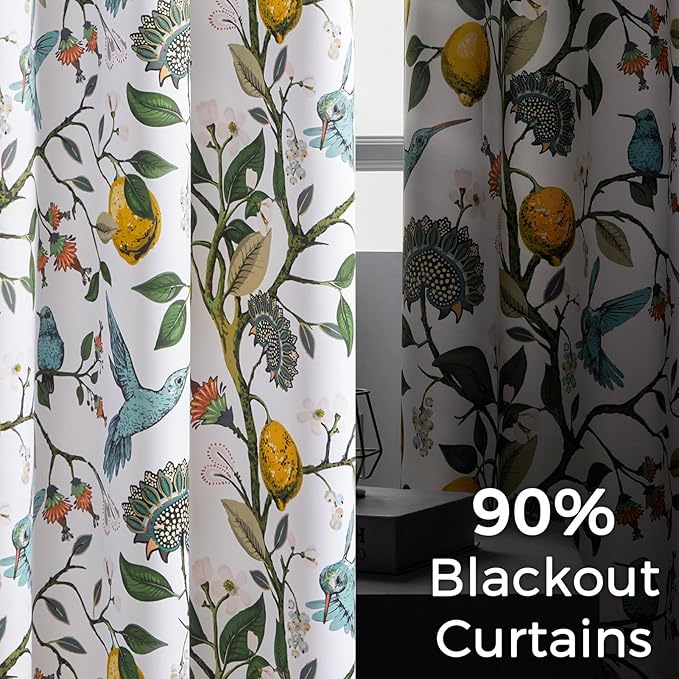 Topfinel White Pretty Pioneer Woman Blackout Curtains 63 Inches Length 2 Panels, Aesthetic Retro Botanical Floral Hummingbird Printed Soundproof Grommet Drapery Treatment for Nursery Kid Classroom