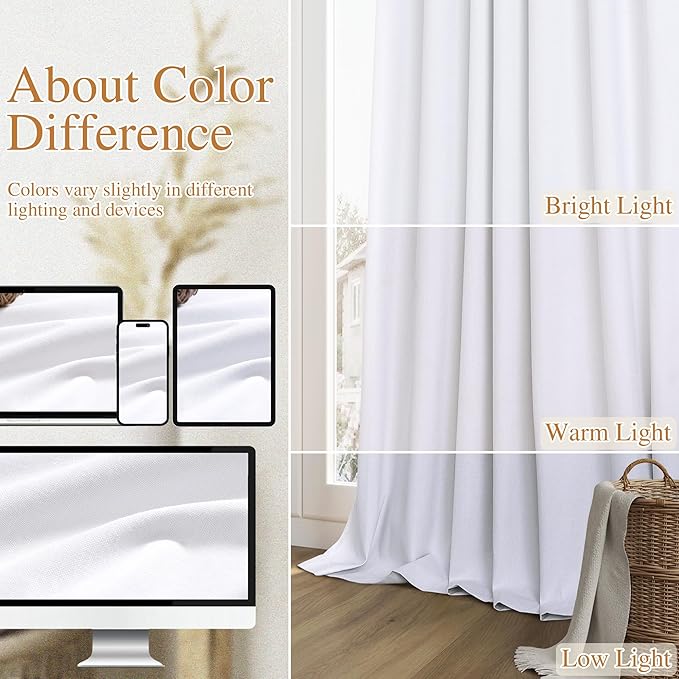 Guken White 100% Blackout Linen Curtains 52 Inch Wide by 140 Inch for Living Room Bedroom Back Tab/Rod Pocket Thermal Insulated Black Out Linen 2 Drapes Room Darkening Window Curtains,52x140