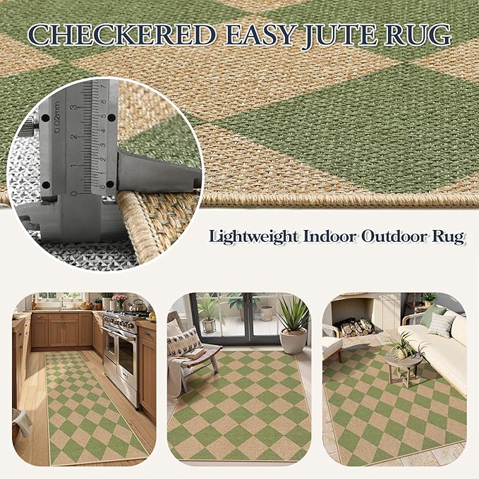 Lahome Colette Checkered Green Runner Rug, 2x8 Carpet Runners for Hallway 8ft Non Slip Entryway Rug, Farmhouse Checkerboard Non Shedding Kitchen Mats for Floor Laundry Corridor