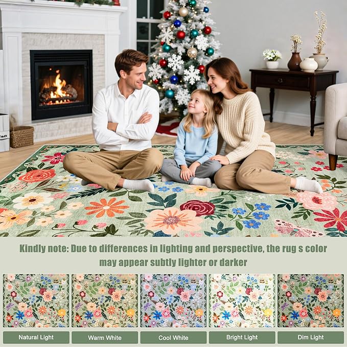 Round Area Rug for Living Room: 6 ft Floral Washable Circle Rug Soft Boho Non-Slip Carpet Indoor Stain Resistant Low Pile Small Circular Rug for Bedroom Entryway Kitchen Nursery Home Office Green