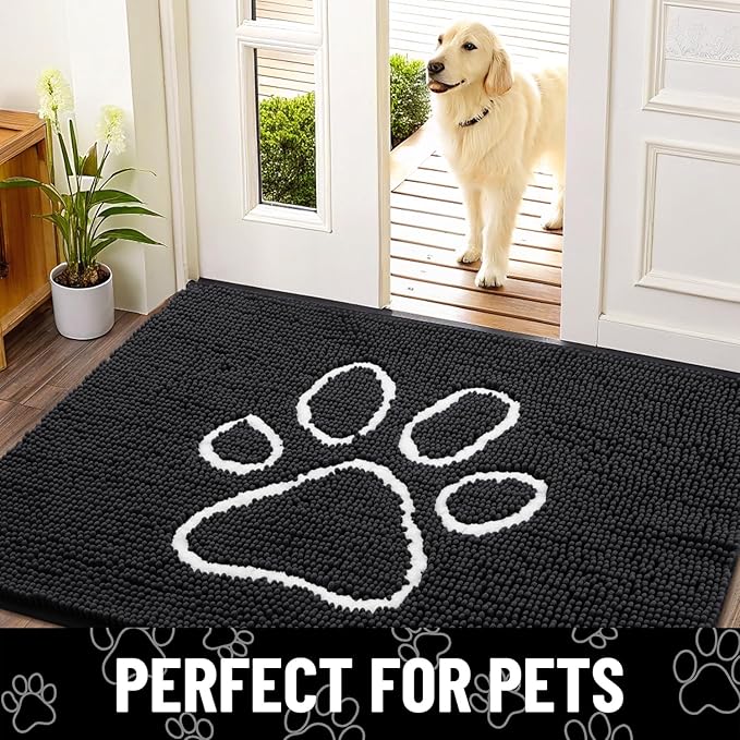 Smiry Dog Door Mat for Muddy Paws, Absorbent Dirt Trapper Non Slip Quick Dry Washable Chenille Mat for Mud Dogs, Entry Rug for Indoor and Outdoor (54x24 Inches, Black and White)