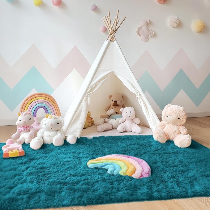 OLANLY Area Rugs for Living Room Bedroom, Machine Washable 4x5.9 ft Soft Fluffy Shaggy Bedside Rug, Indoor Floor Carpet for Kids Girls and Boys, Dorms, Nursery Rooms, Home Decor Aesthetic, Teal