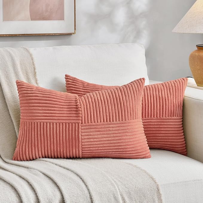 Fancy Homi 2 Packs Coral Lumbar Decorative Throw Pillow Covers 16x28 Inch for Living Room Couch, Rustic Farmhouse Boho Home Decor, Soft Striped Corduroy Rectangle Accent Peach Cushion Case 40x70 cm