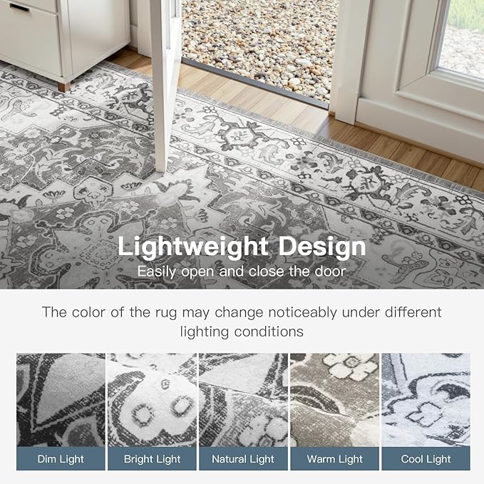 Lofus 8x10 Area Rugs for Living Room, Washable Area Rug, Rugs for Bedroom, Kitchen, Vintage Boho Carpet, Soft Non-Slip, Low Pile Large Area Rug for Office Dining Room, Floral Grey