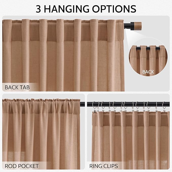 Nanspring Linen Curtains 108 Inches for Baby Girl Bedroom Set Extra Long Back Tab Curtain Light Filtering Semi Sheer Peach Drapes Floor to Ceiling Curtain for Large Windows 52x108,2 Panels