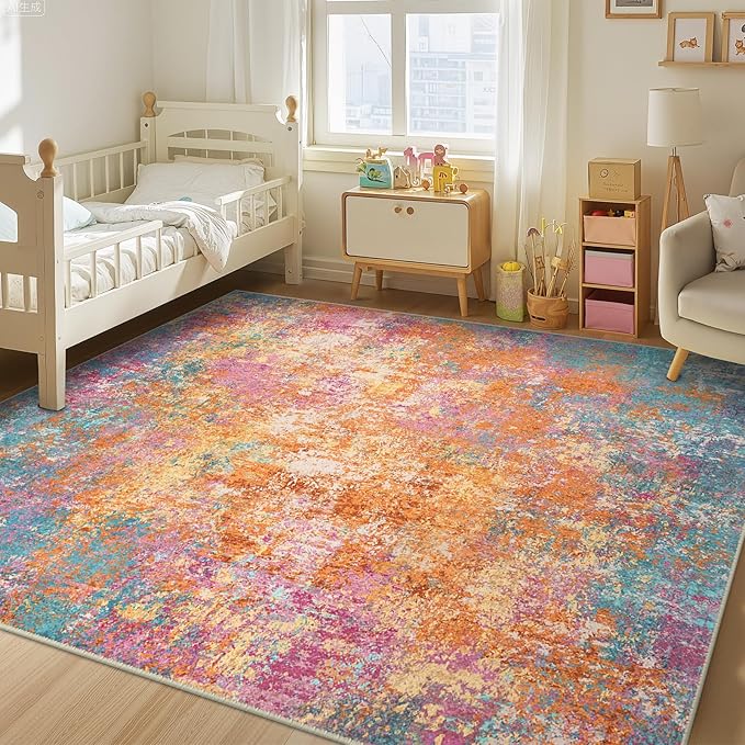 Washable Area Rugs Square 8ft Non-Slip Modern Abstract Soft for Living Room Entryway Bedroom Nursery, Print Pattern, Orange Blue Pink Yellow Colorful
