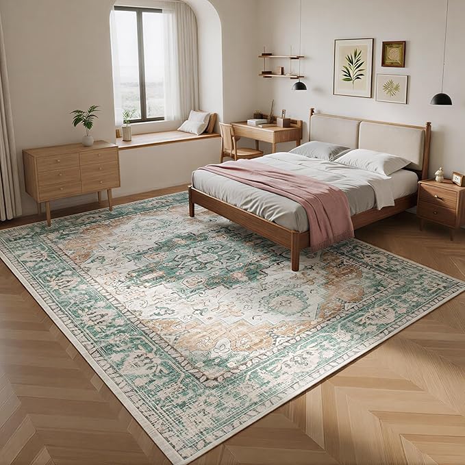 Washable Rugs 8x10 Area Rugs for Living Room- Vintage Rugs for Bedroom,Dining Room, Large Ultra Soft Retro Carpet with Non Slip Rubber Backing,Neutral Accent Carpets for Nursery Home Office