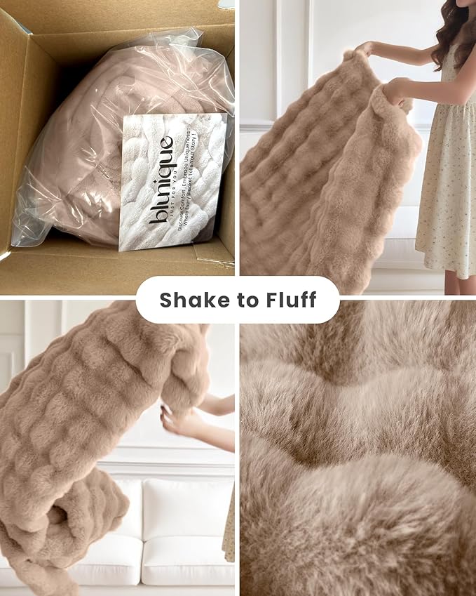 Ultra Soft Cozy Faux Fur Throw Blanket, Fuzzy Plush Thick Bubble Blanket, Oversize Luxury Fluffy Blanket for Couch, Bed, and Living Room, 60x80 Inches, Light Brown