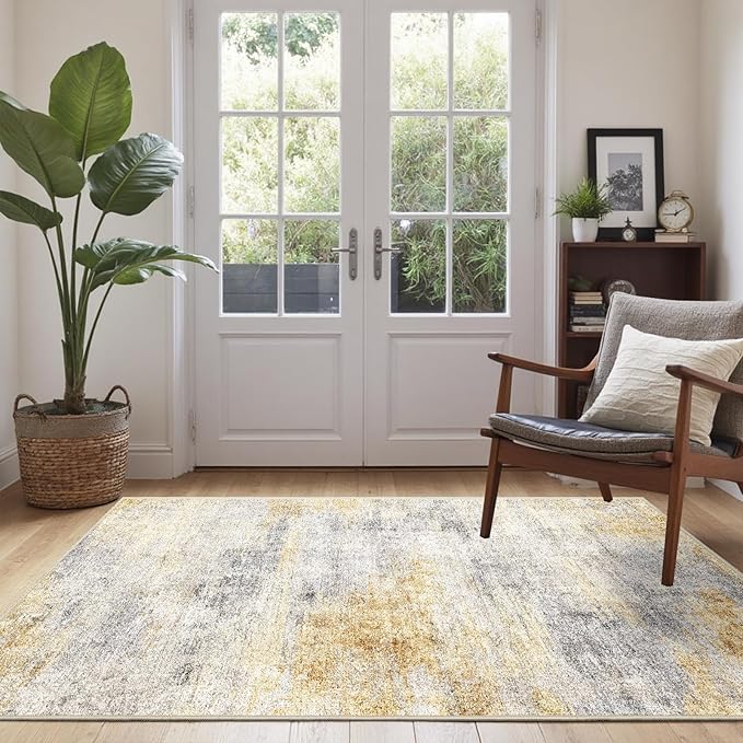 3x5 Washable Entryway Area Rug: Modern Abstract Small Runner Rug Indoor Soft Non Slip Rug for Living Room Low Pile Thin Floor Carpet for Kitchen Dining Room Bedroom Home Office Decor(3x5,Grey/Yellow)