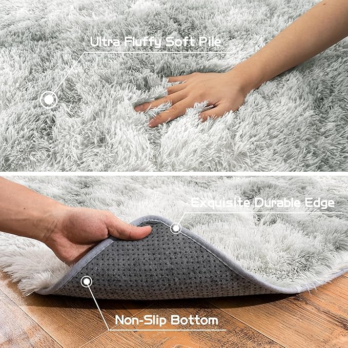 Pionblank Fluffy Small Rug for Bedroom 2x3 Feet, Shag Soft Area Rug, Modern Plush Carpet, Furry Cute Bedside Rug for Kids Girls Boys Room Nursery Decor, Tie Dye Grey