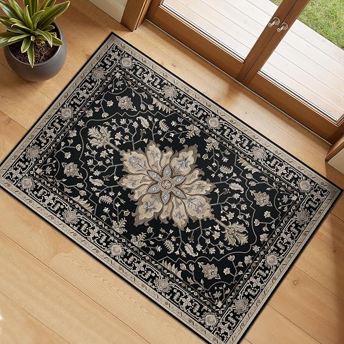 RELEANY Area Rugs 2'x3' Kitchen Rugs Entry Rug Small Rugs for Entryway Kitchen Bathroom Door Mat Indoor Entrance,Washable Non Slip, Black Brown Neutral Dark Tan