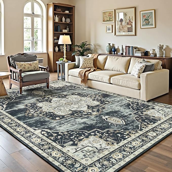 Lofus 5x7 Washable Area Rug, Vintage Floral Rugs for Living Room, Bedroom, Dinning Room, Low Pile Large Area Rugs with Non-Slip Backing, Flower Print Pattern, Black Brown