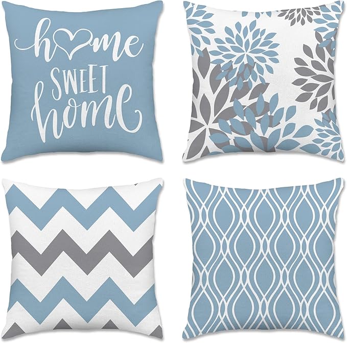 Hexagram Geometric Aqua Blue Pillow Covers 18x18 Set of 4, Decorative Outdoor Boho Modern Throw Pillow Covers, Home Sweet Home Farmhouse Cushion Case for Couch Sofa Bedroom Indoor Decor(No Insert)