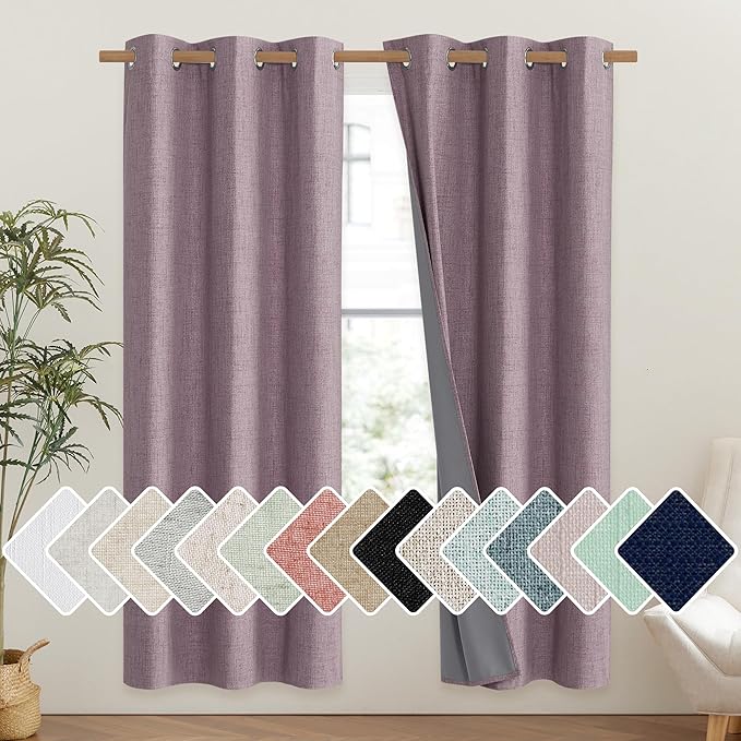 NICETOWN Chaise Mauve Vintage Linen 100% Blackout Curtains for Classroom, Thermal Insulated Curtains 72" Long, Noise Reducing Window Treatment Drapes for Gym Room, 42" Wide Per Panel, Set of 2