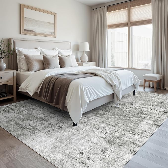 Abstract Rug 8x10 Large Living Room Rugs Neutral Modern Washable Area Rugs for Bedroom Dining Room Non-Slip Stain Resistant Foldable Thin Rug Gray White