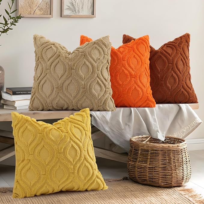 decorUhome Throw Pillow Covers 18x18 Inch Set of 2, Soft Plush Faux Wool Rust Solid Couch Pillow Covers, Accent Farmhouse Neutral Square Pillow Cases for Sofa Bed Living Room