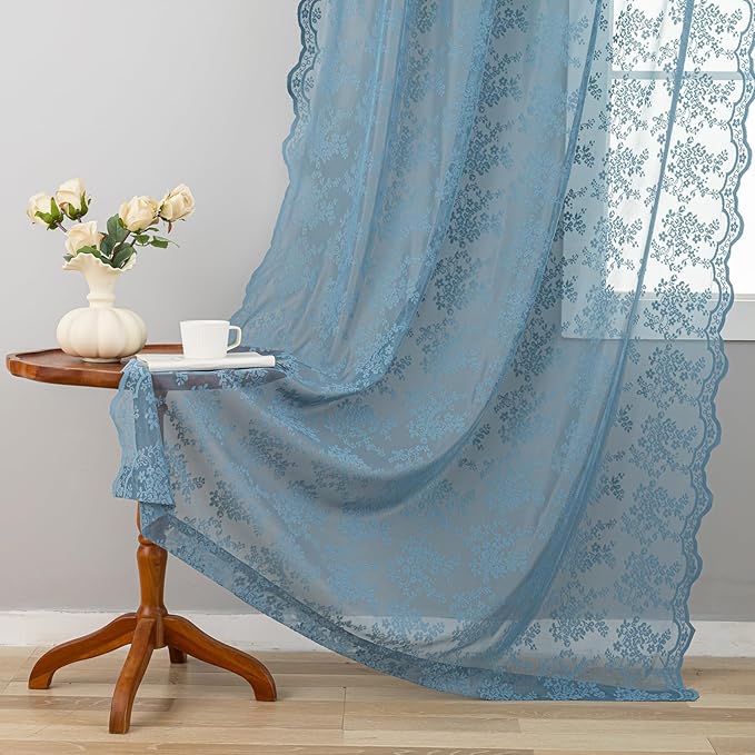 YJ YANJUN Vintage Lace Curtains 84 Inch Length-Dusty Blue Floral Sheer Curtains for Bedroom Living Room Hallway Doorways 2 Panels Set Beach Coastal Decor Rod Pocket W52 X L84 inch Stone Blue 7 Ft