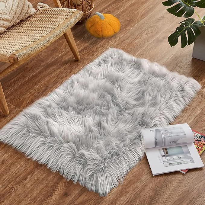 Goolela Grey Fluffy Fuzzy Furry Rug 2x3 Gray Faux Sheepskin Fur Rug for Bedroom Living Room Dorm Small Soft Bedside Carpet Plush Washable Rectangle
