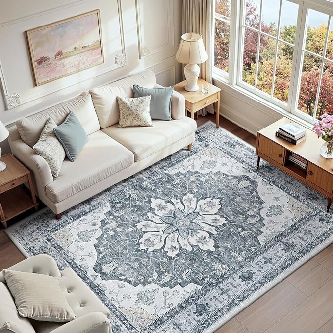 RELEANY Area Rugs 6'x9' Washable Non-Slip, Floral Vintage Distress Print Pattern Medallion Carpet for Living Room Bedroom Dining Room, Light Gray Grey White