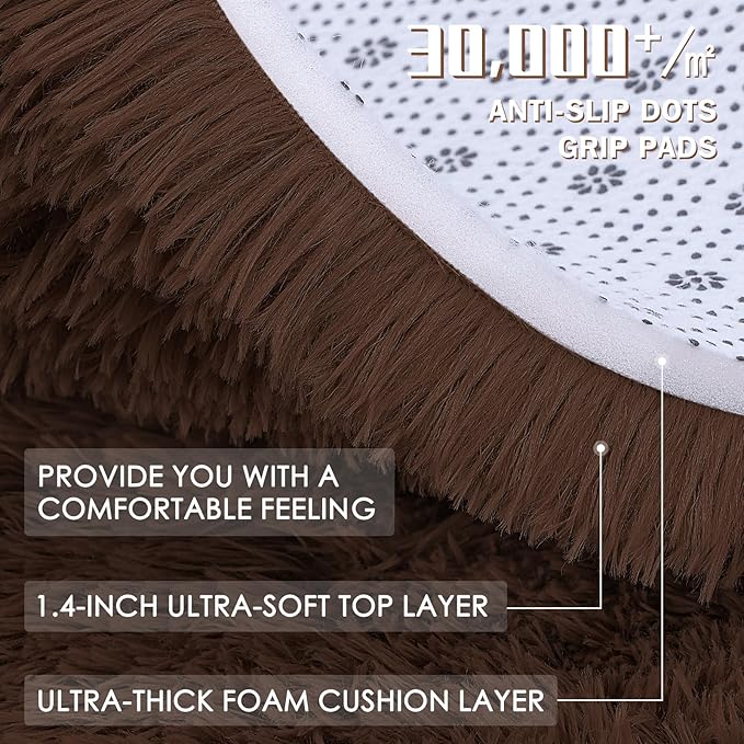OLANLY 3x3 Machine Washable Small Bedside Rug, Soft Fluffy Shaggy Entryway Throw Rugs for Bedroom, Living Room, Indoor Floor Carpet for Kids Girls and Boys, Nursery Rooms, Home Decor Aesthetic, Coffee