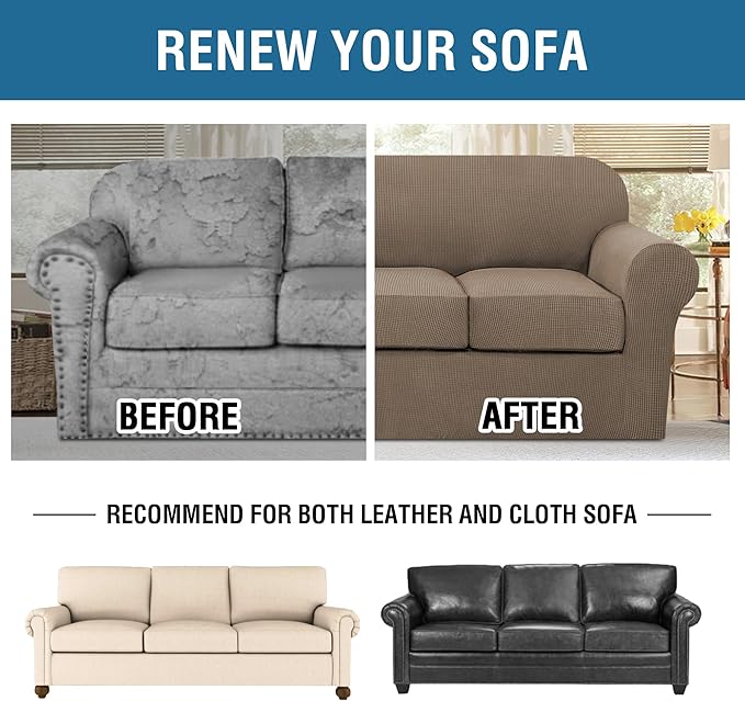 H.VERSAILTEX 4 Piece Stretch Sofa Covers for 3 Cushion Couch Covers for Living Room Furniture Slipcovers (Base Cover Plus 3 Seat Cushion Covers) Upgraded Thicker Jacquard Fabric (Sofa, Macchiato)