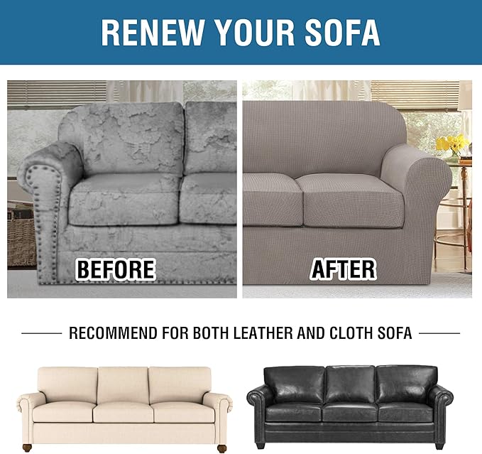 H.VERSAILTEX 4 Piece Stretch Sofa Covers for 3 Cushion Couch Covers for Living Room Furniture Slipcovers (Base Cover Plus 3 Seat Cushion Covers) Upgraded Thicker Jacquard Fabric (Sofa, Taupe)