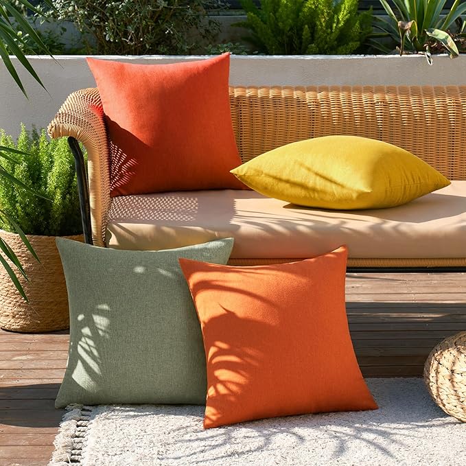 MIULEE Pack of 4 Decorative Outdoor Throw Pillow Covers Linen Waterproof Pillow Covers Farmhouse Cushion Cases for Patio Garden Tent Balcony Couch Sofa 16x16 inch Rust Green