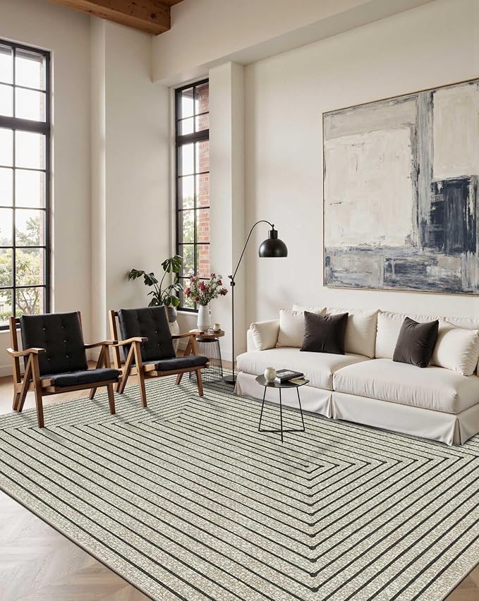 Latte&Fog 6x9 Area Rugs for Living Room Bedroom, Beige Modern Abstract Washable Rug, Boho Non Slip Low Pile Carpet for Indoor Dining Room, Office, Dorm, Classroom, Farmhouse and Kids Room - Beige