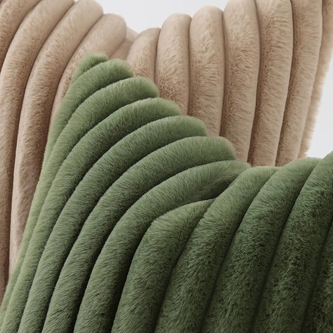 decorUhome Cozy Faux Fur Throw Pillow Covers 16x16 Set of 2 Decorative Soft Plush Striped Modern Farmhouse Boho Couch Pillow Cases with Velvet Back for Sofa Bed Living Room, Olive Green