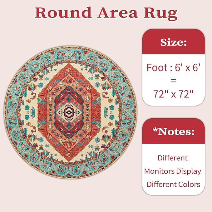 SERISSA Boho Round Area Rug, 6ft Washable Non-Slip Circle Rug, Ultra Soft Oriental Vintage Orange Low-Pile Circular Carpet for Bedroom Entryway Kids Room Office College Dorm Living Room