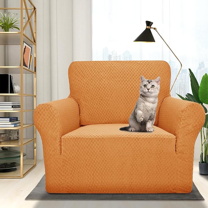ZNSAYOTX 1 Piece Jacquard Chair Slipcovers for Living Room High Stretch Chair Covers with Arms Anti Slip Pets Friendly Couch Sofa Armchair Cover Furniture Protector (Small, Orange)