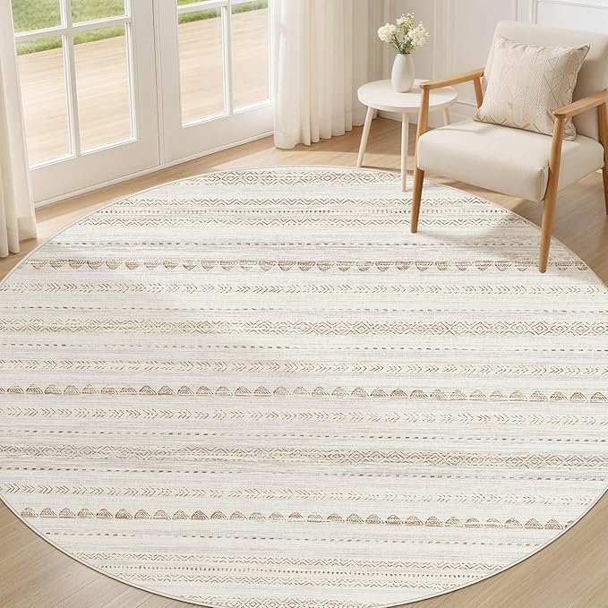 Nakagishi Round Rug Boho Area Rugs: 6x6 Washable Large Circle Neutral Soft Stain Resistant Non-Slip Carpet for Women Aged 25-45 Farmhouse Decor Enthusiasts - Living Room Bedroom Dining Room Nursery