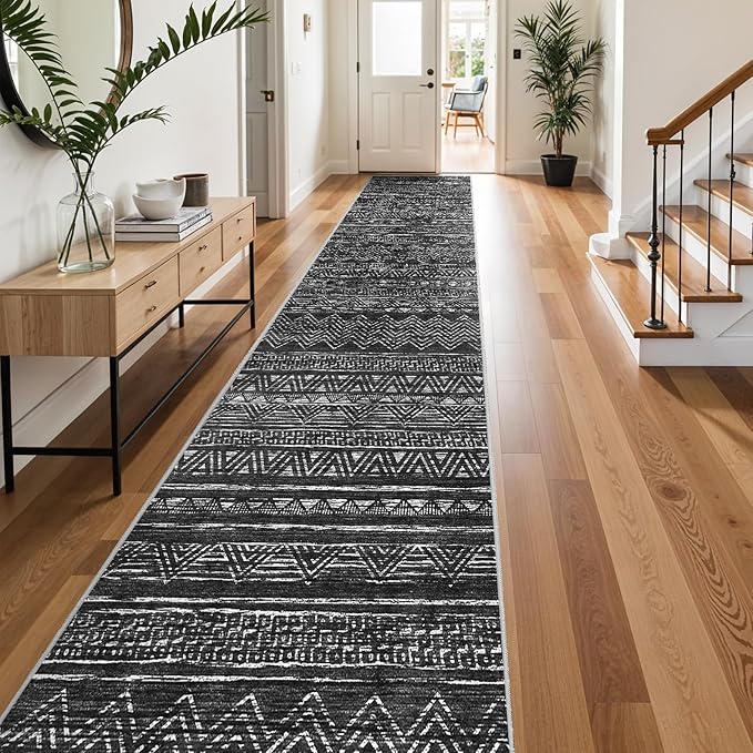 Ksrau 3x20 Runner Rug Washable - Extra Long Non-Slip Modern Runners for Hallway Soft Moroccan Low Pile Indoor Floor Mat for Living Room Kitchen Waterproof Geometric Runner Rugs Entryway 3x20 Black