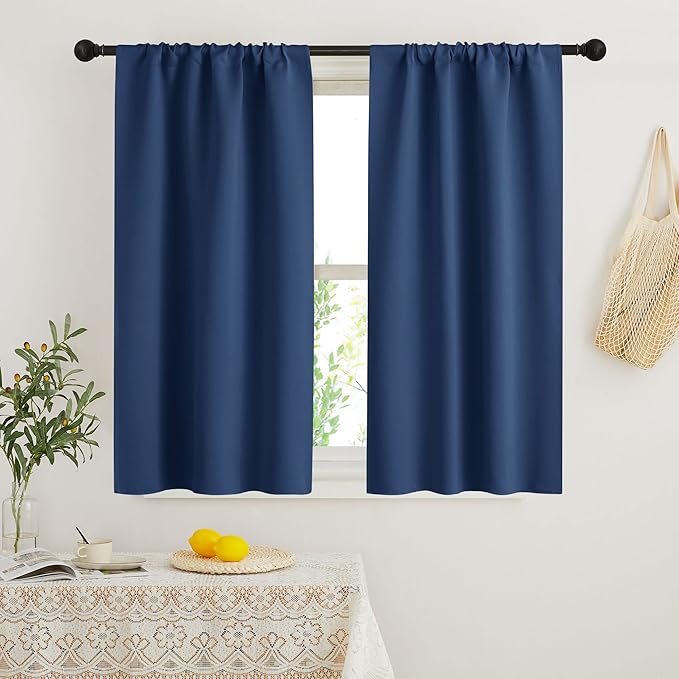 RYB HOME Blackout French Door Window Curtain Covering, Rod Pocket Thermal Insulated Privacy Non See Through Drapes for Bathroom Window, Width 29 by Length 45, Navy Blue, 2 Panels